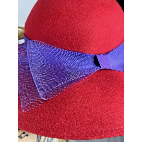 Vintage 100% Wool Red Wide Brim Derby Hat Purple Bow Church Tea Party main image 8